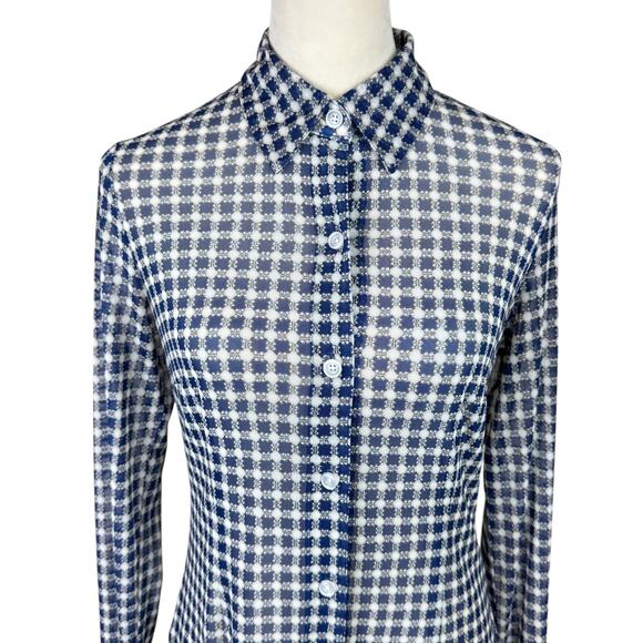 Cabi 736 Blue & Cream Geometric Print Sheer Mesh Long Sleeve Button Up Blouse - Picture 5 of 13